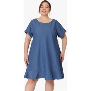 Agnes Orinda Blue Dress Plus Size Ruffle Hem Casual Short Sleeve‎ 3X NWT